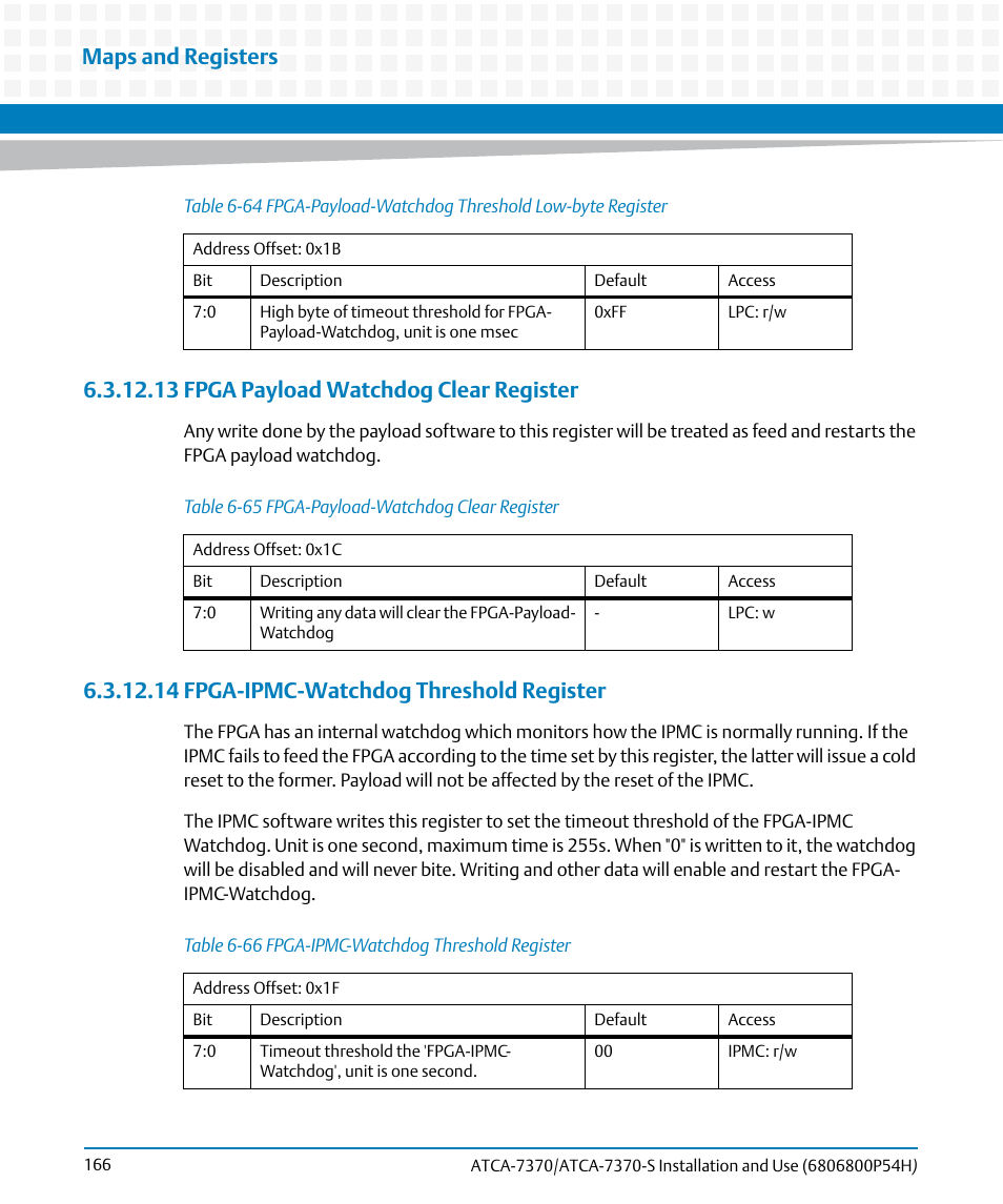 13 fpga payload watchdog clear register, 14 fpga-ipmc-watchdog threshold register, Table 6-64 | Fpga-payload-watchdog threshold low-byte register, Table 6-65, Fpga-payload-watchdog clear register, Table 6-66, Fpga-ipmc-watchdog threshold register, Maps and registers | Artesyn ATCA 7370 / ATCA 7370-S Installation and Use (January 2015) User Manual | Page 166 / 256