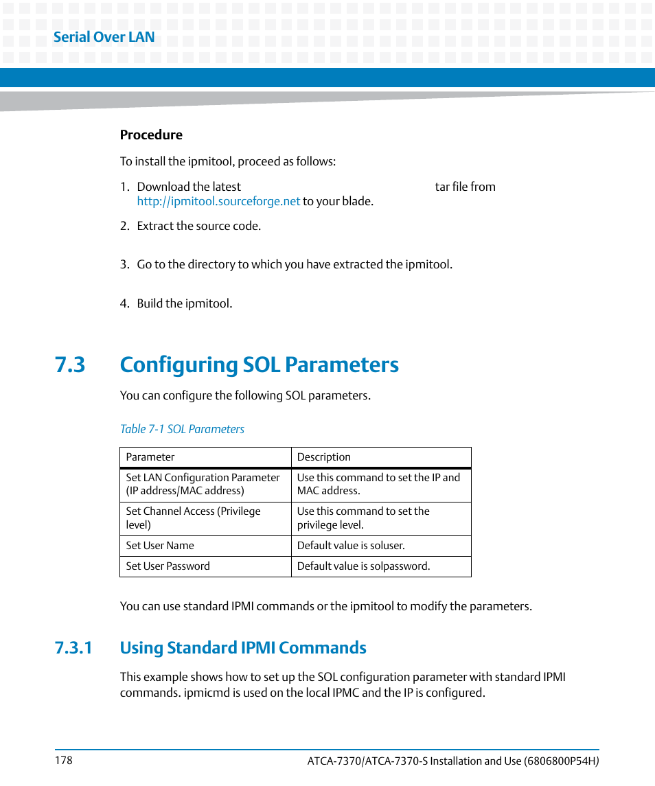 3 configuring sol parameters, 1 using standard ipmi commands, Table 7-1 | Sol parameters | Artesyn ATCA 7370 / ATCA 7370-S Installation and Use (January 2015) User Manual | Page 178 / 256