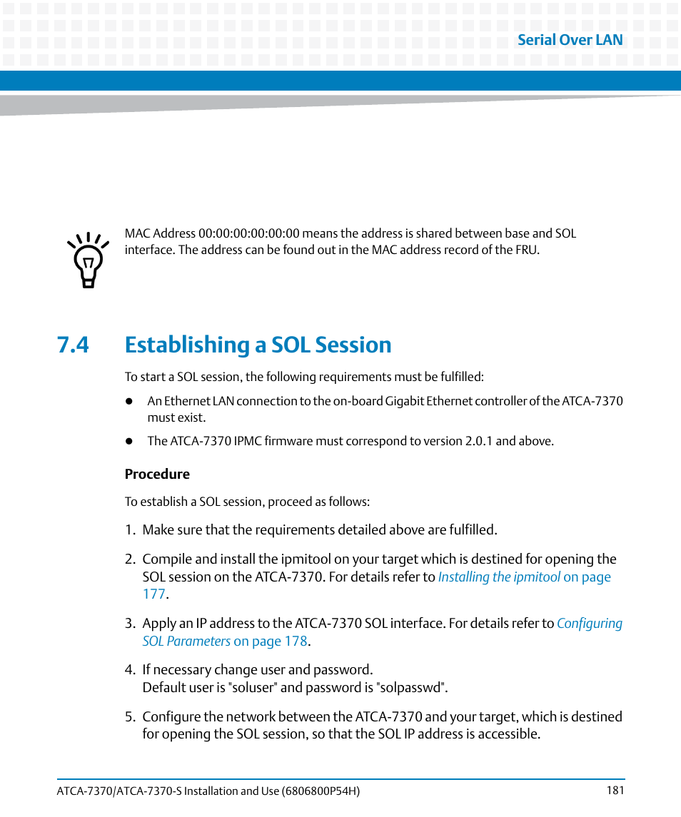 4 establishing a sol session | Artesyn ATCA 7370 / ATCA 7370-S Installation and Use (January 2015) User Manual | Page 181 / 256