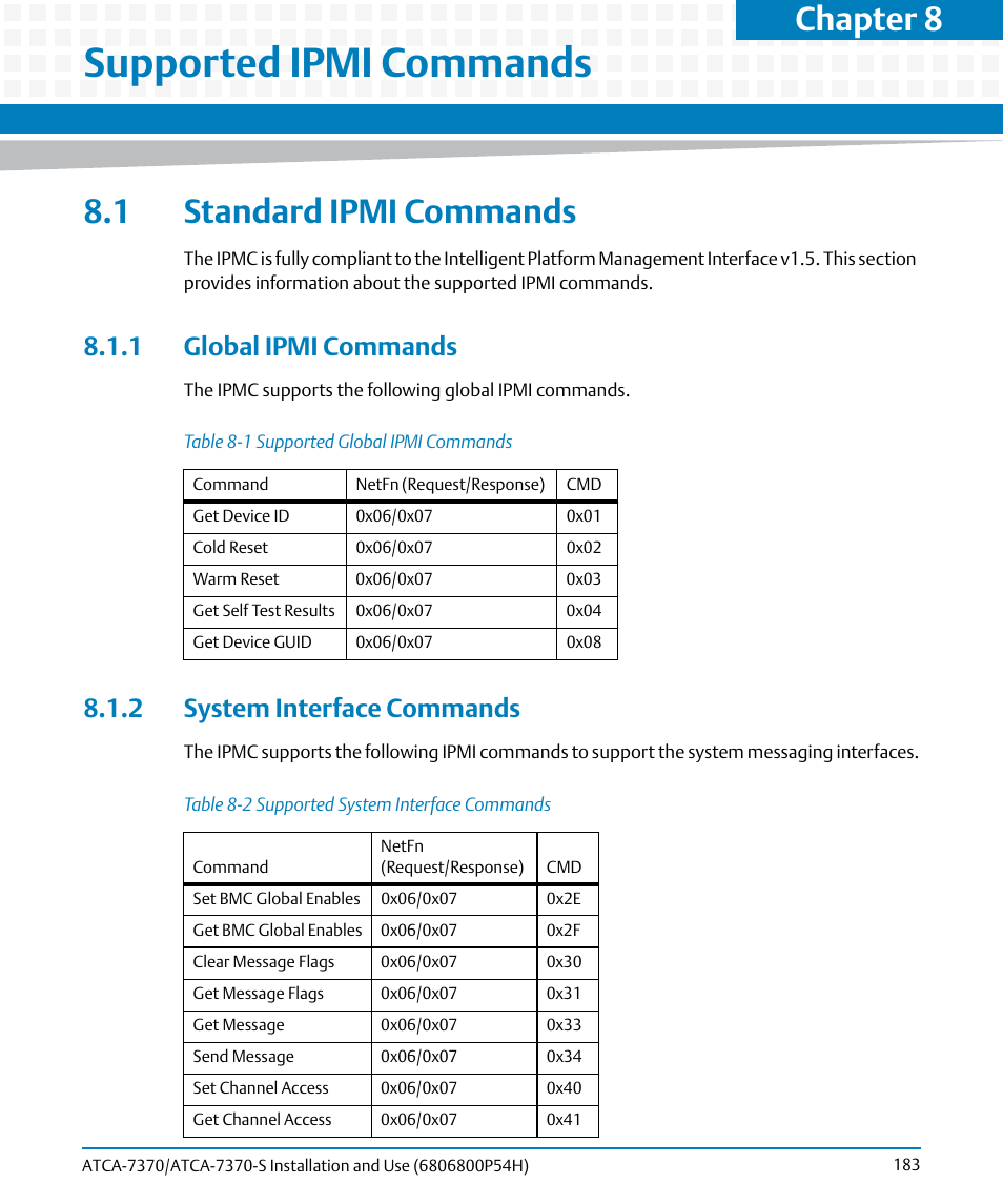 Supported ipmi commands, 1 standard ipmi commands, 1 global ipmi commands | 2 system interface commands, Table 8-1, Supported global ipmi commands, Table 8-2, Supported system interface commands, Chapter 8 | Artesyn ATCA 7370 / ATCA 7370-S Installation and Use (January 2015) User Manual | Page 183 / 256