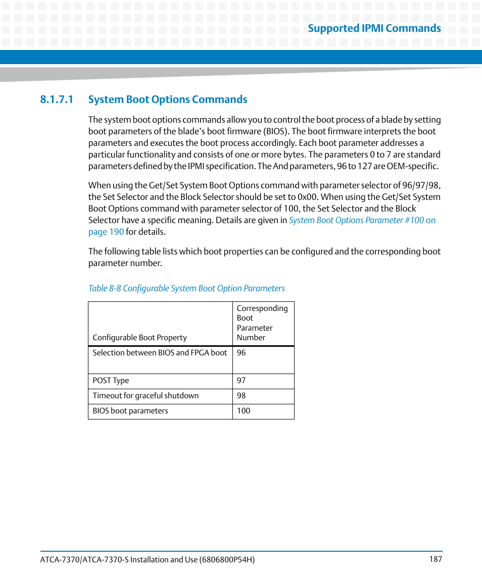 1 system boot options commands, Table 8-8, Configurable system boot option parameters | Supported ipmi commands | Artesyn ATCA 7370 / ATCA 7370-S Installation and Use (January 2015) User Manual | Page 187 / 256