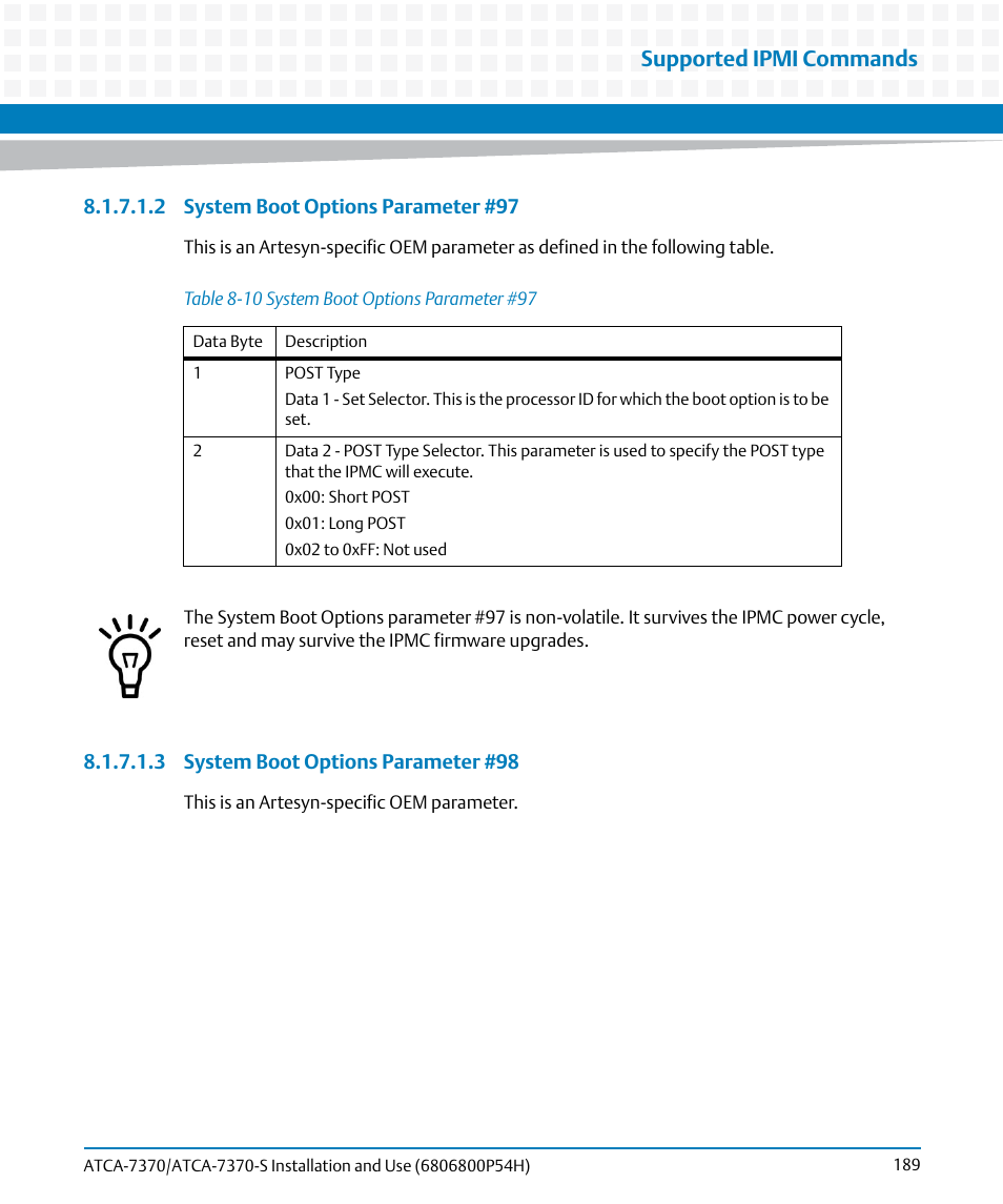 Table 8-10, System boot options parameter #97, Supported ipmi commands | Artesyn ATCA 7370 / ATCA 7370-S Installation and Use (January 2015) User Manual | Page 189 / 256