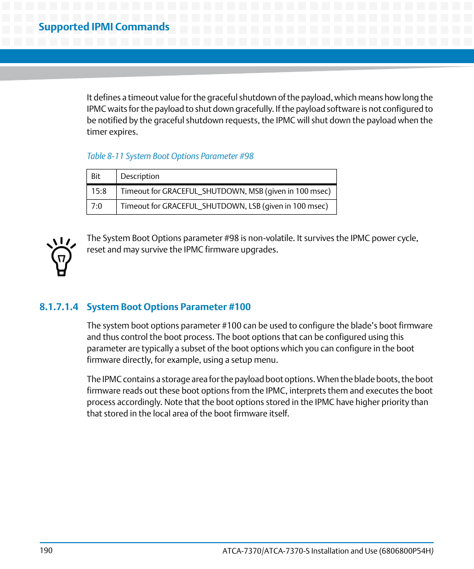 Table 8-11, System boot options parameter #98, N in | System boot options parameter #100, Supported ipmi commands | Artesyn ATCA 7370 / ATCA 7370-S Installation and Use (January 2015) User Manual | Page 190 / 256