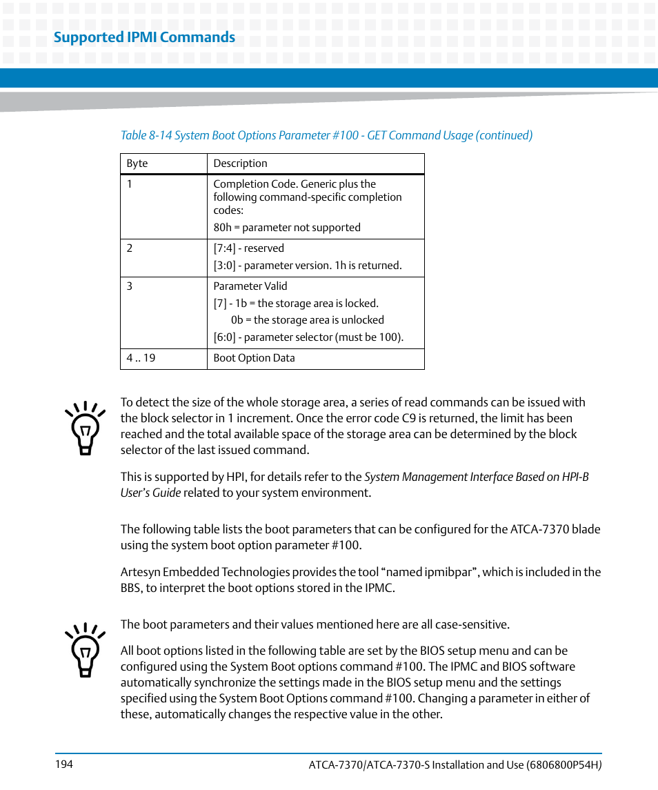 Supported ipmi commands | Artesyn ATCA 7370 / ATCA 7370-S Installation and Use (January 2015) User Manual | Page 194 / 256