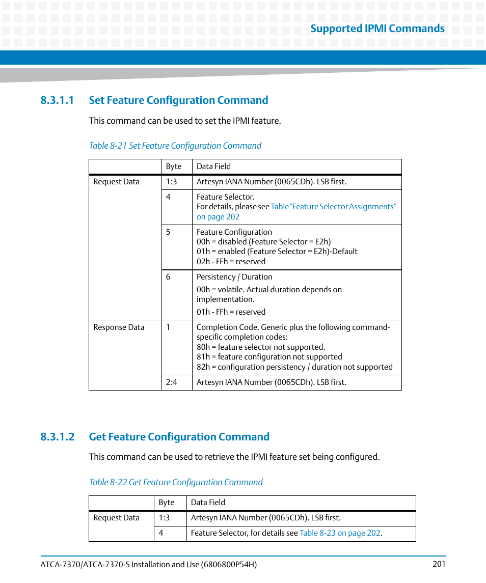 1 set feature configuration command, 2 get feature configuration command, Table 8-21 | Set feature configuration command, Table 8-22, Get feature configuration command, Supported ipmi commands | Artesyn ATCA 7370 / ATCA 7370-S Installation and Use (January 2015) User Manual | Page 201 / 256