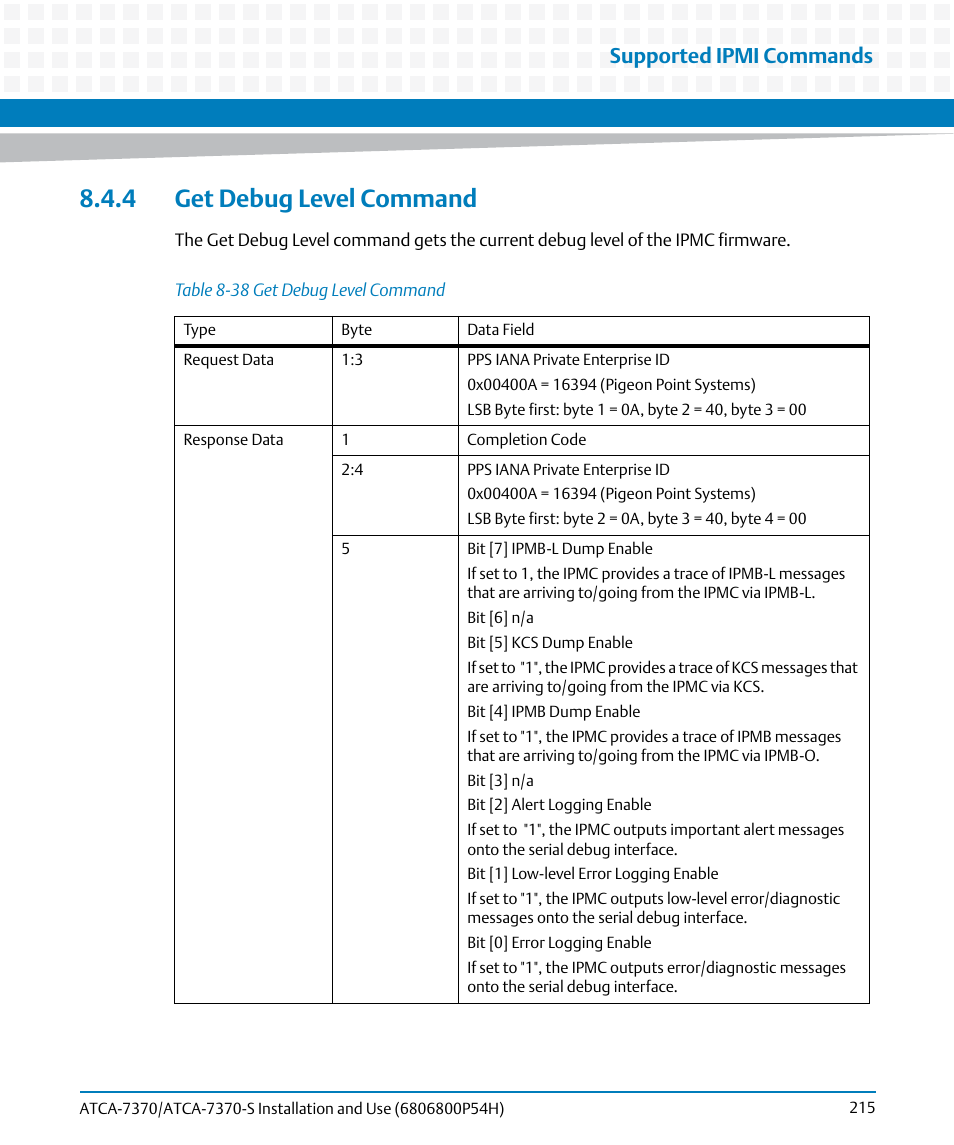 4 get debug level command, Table 8-38, Get debug level command | Supported ipmi commands | Artesyn ATCA 7370 / ATCA 7370-S Installation and Use (January 2015) User Manual | Page 215 / 256