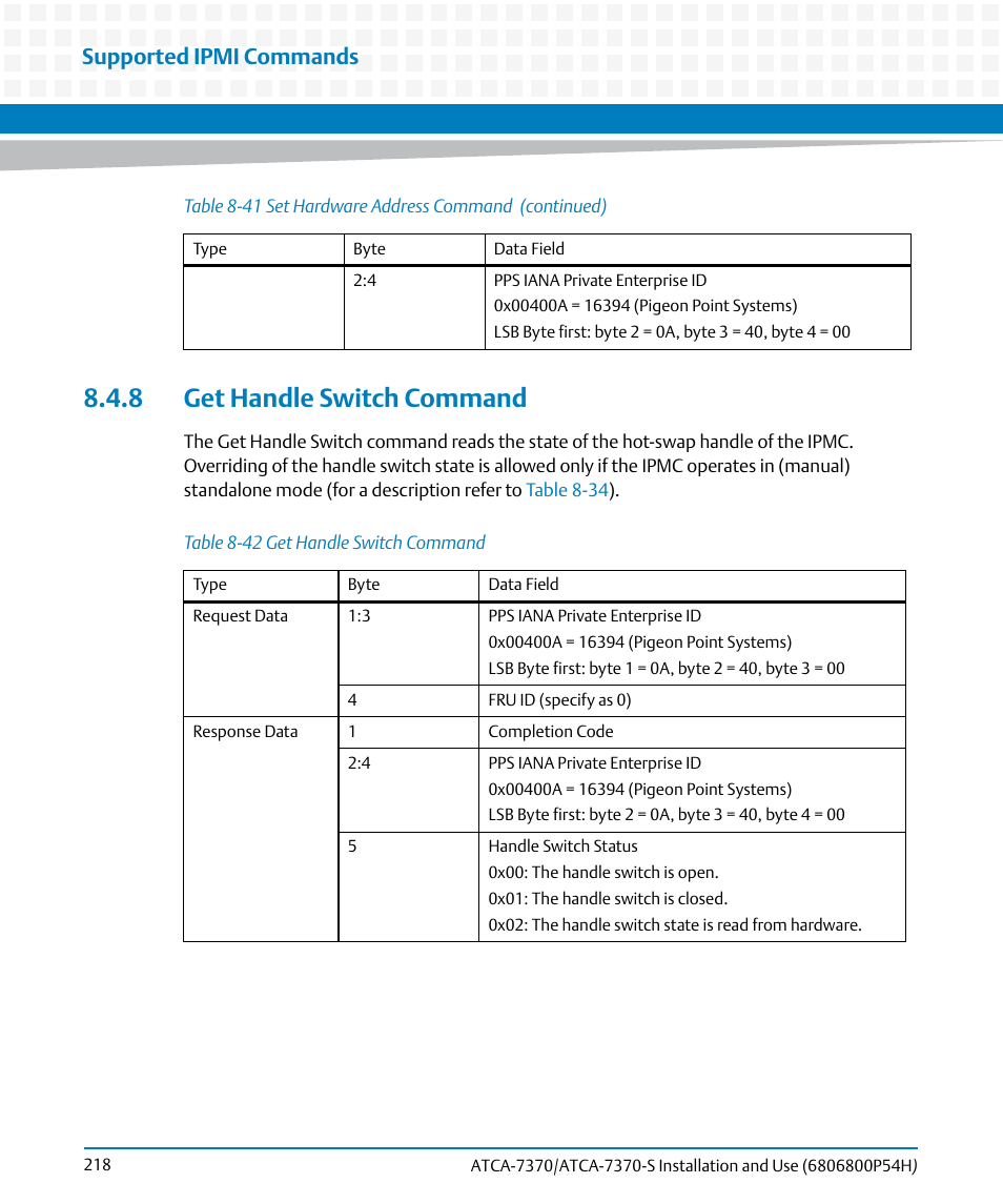 8 get handle switch command, Table 8-42, Get handle switch command | Supported ipmi commands | Artesyn ATCA 7370 / ATCA 7370-S Installation and Use (January 2015) User Manual | Page 218 / 256