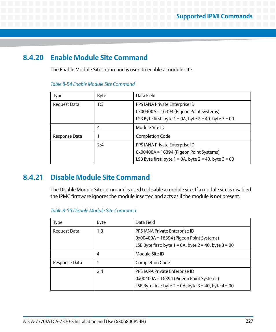 20 enable module site command, 21 disable module site command, Table 8-54 | Enable module site command, Table 8-55, Disable module site command, Supported ipmi commands | Artesyn ATCA 7370 / ATCA 7370-S Installation and Use (January 2015) User Manual | Page 227 / 256