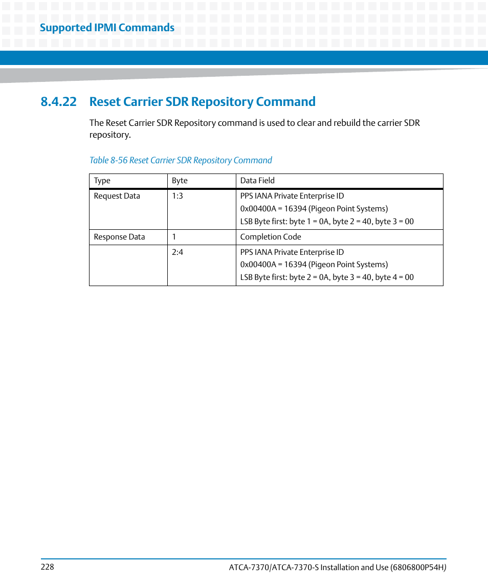 22 reset carrier sdr repository command, Table 8-56, Reset carrier sdr repository command | Supported ipmi commands | Artesyn ATCA 7370 / ATCA 7370-S Installation and Use (January 2015) User Manual | Page 228 / 256