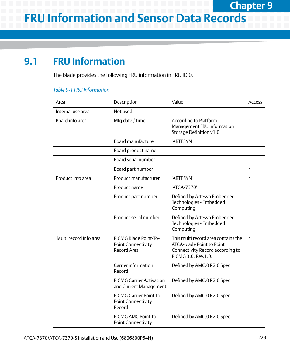 Fru information and sensor data records, 1 fru information, Table 9-1 | Fru information, Figure, Chapter 9 | Artesyn ATCA 7370 / ATCA 7370-S Installation and Use (January 2015) User Manual | Page 229 / 256