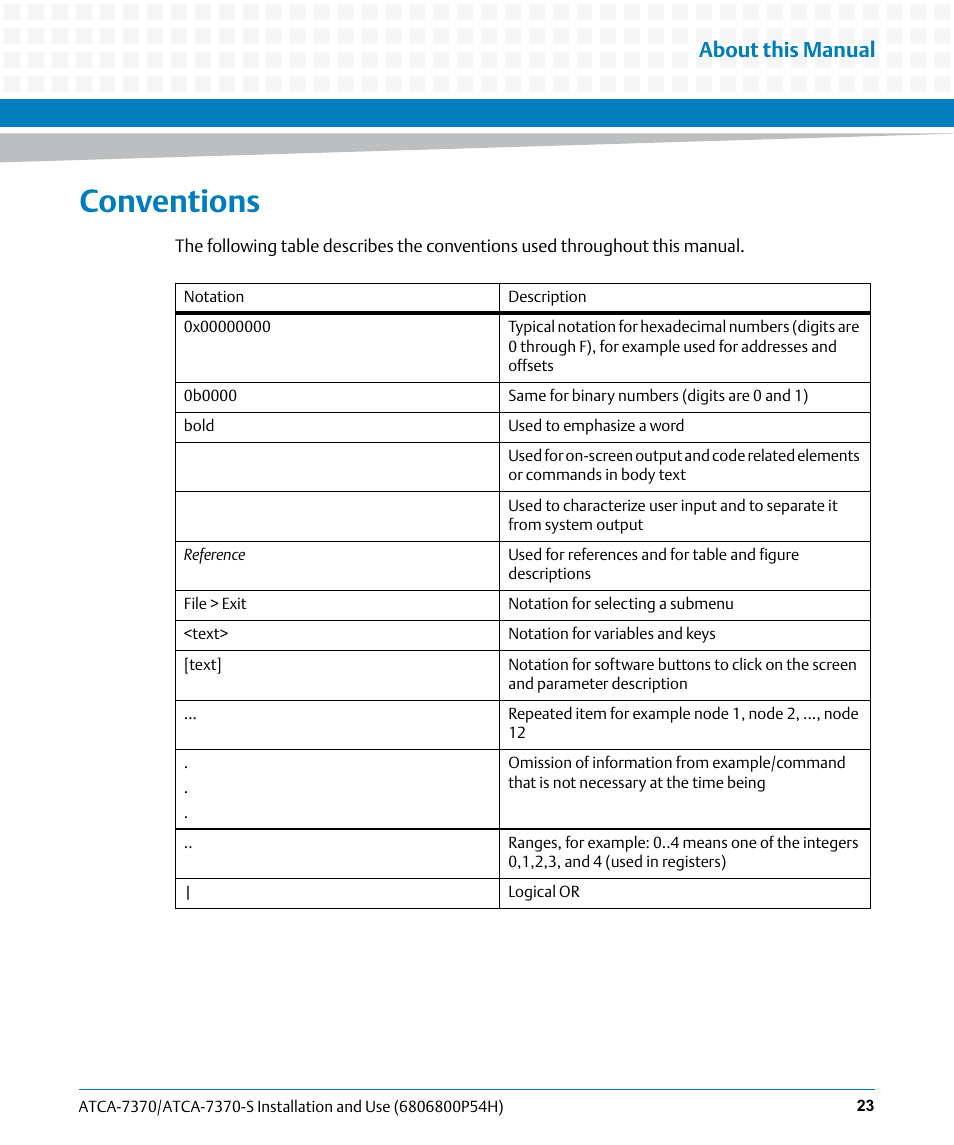 Conventions, About this manual | Artesyn ATCA 7370 / ATCA 7370-S Installation and Use (January 2015) User Manual | Page 23 / 256