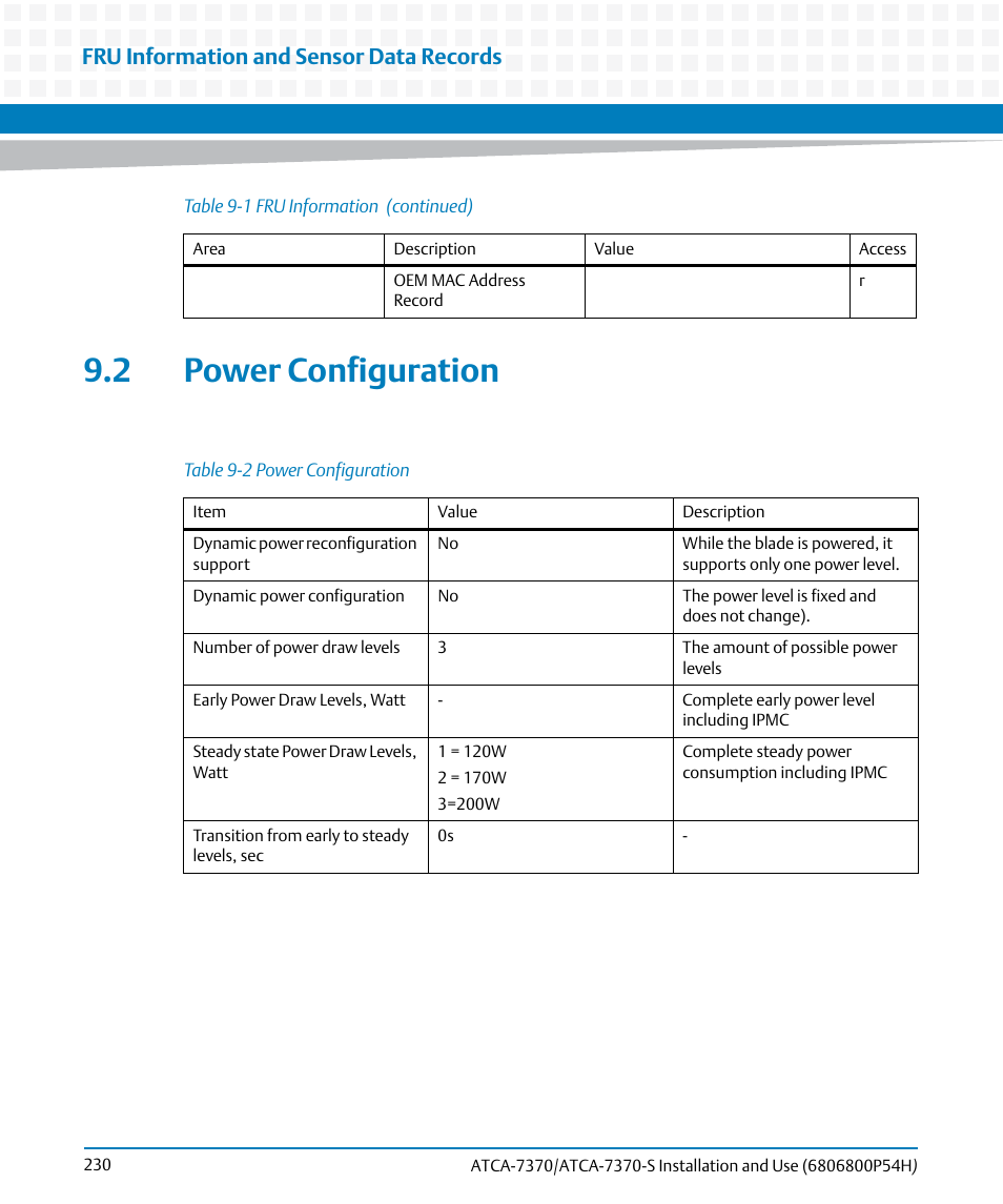 2 power configuration, Table 9-2, Power configuration | Fru information and sensor data records | Artesyn ATCA 7370 / ATCA 7370-S Installation and Use (January 2015) User Manual | Page 230 / 256