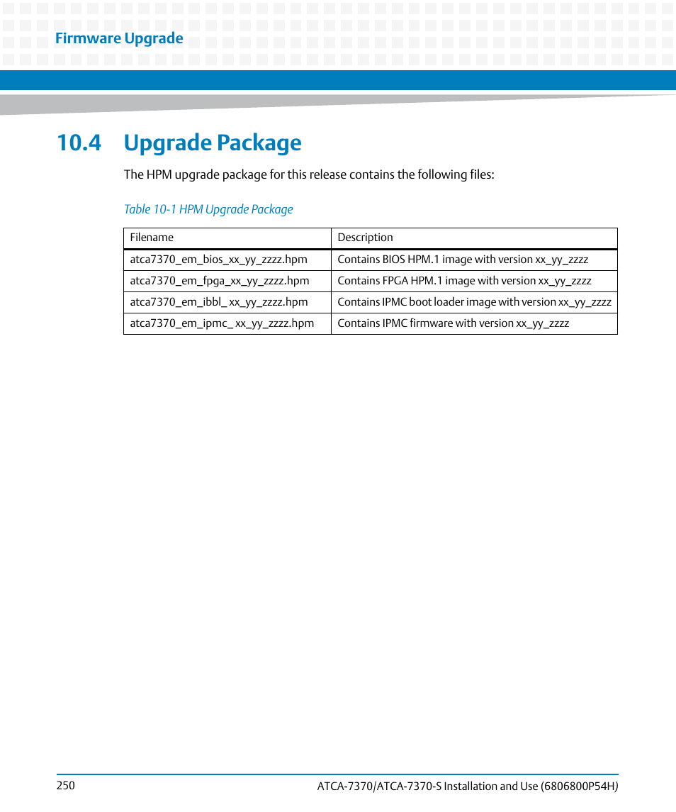 4 upgrade package, Table 10-1, Hpm upgrade package | Firmware upgrade | Artesyn ATCA 7370 / ATCA 7370-S Installation and Use (January 2015) User Manual | Page 250 / 256