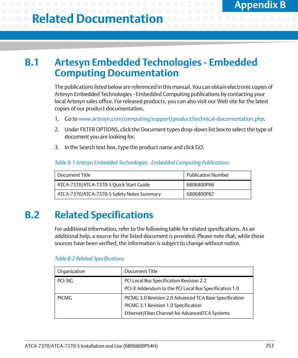 B related documentation, B.2 related specifications, Related documentation | Table b-1, Table b-2, Related specifications, Appendix b | Artesyn ATCA 7370 / ATCA 7370-S Installation and Use (January 2015) User Manual | Page 253 / 256