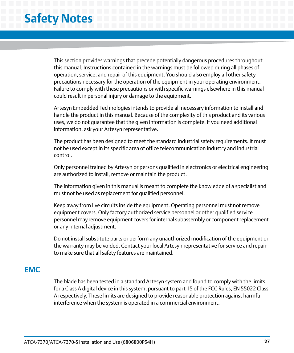 Safety notes | Artesyn ATCA 7370 / ATCA 7370-S Installation and Use (January 2015) User Manual | Page 27 / 256