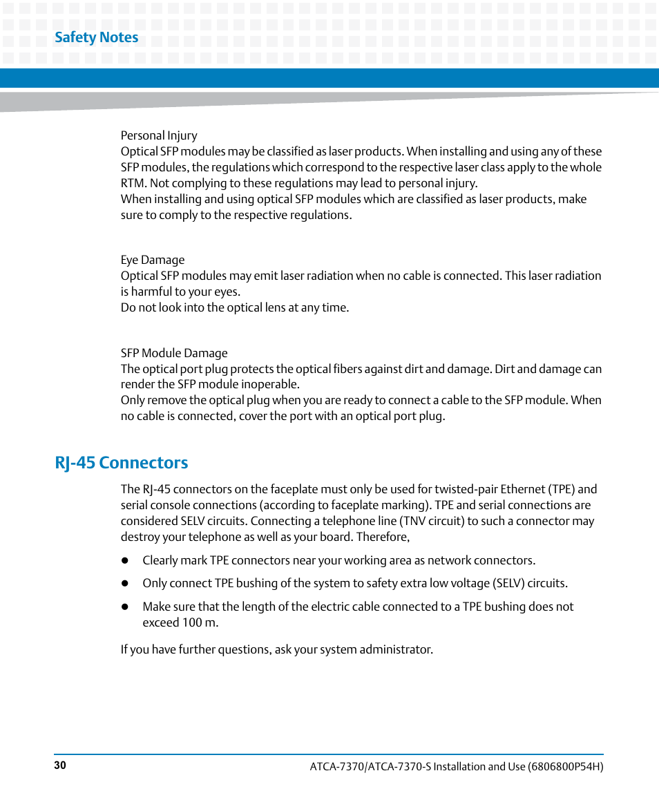 Rj-45 connectors | Artesyn ATCA 7370 / ATCA 7370-S Installation and Use (January 2015) User Manual | Page 30 / 256