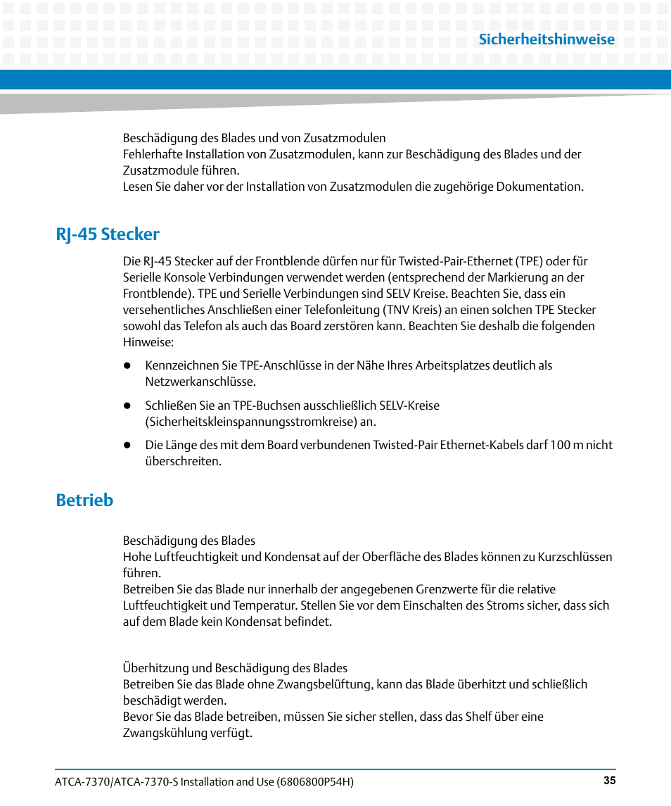 Rj-45 stecker, Betrieb, Sicherheitshinweise | Artesyn ATCA 7370 / ATCA 7370-S Installation and Use (January 2015) User Manual | Page 35 / 256