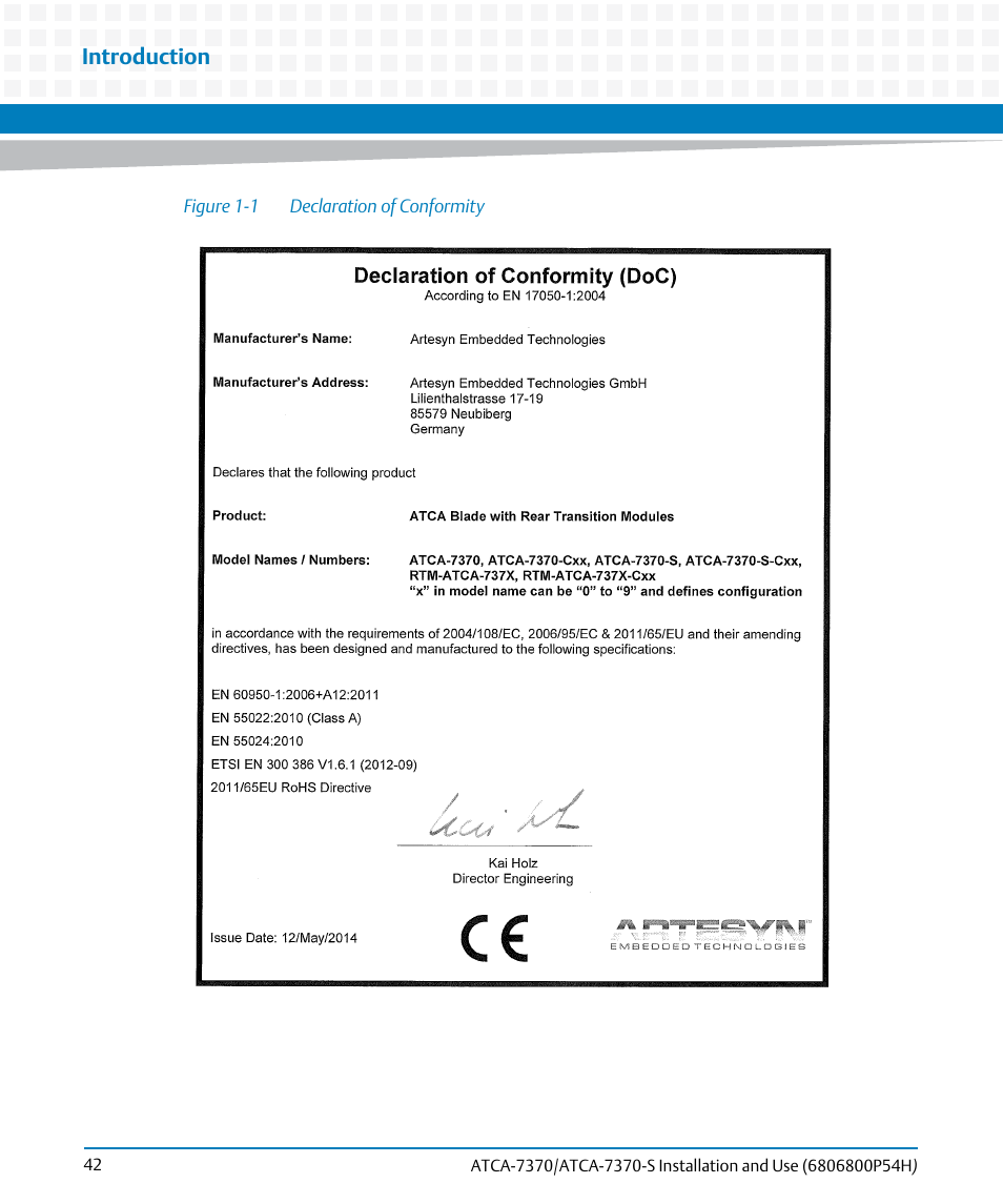 Figure 1-1, Declaration of conformity, Introduction | Artesyn ATCA 7370 / ATCA 7370-S Installation and Use (January 2015) User Manual | Page 42 / 256