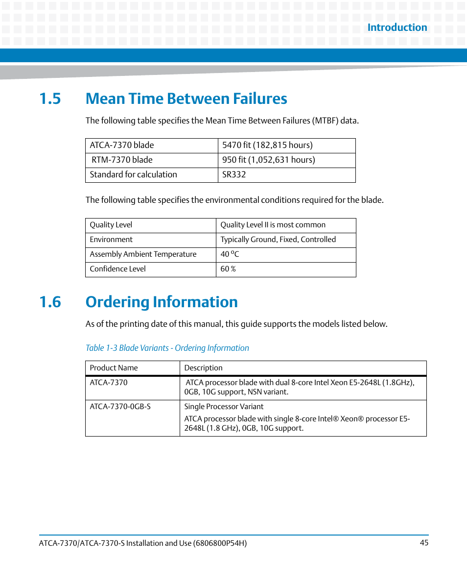 5 mean time between failures, 6 ordering information, Table 1-3 | Blade variants - ordering information | Artesyn ATCA 7370 / ATCA 7370-S Installation and Use (January 2015) User Manual | Page 45 / 256