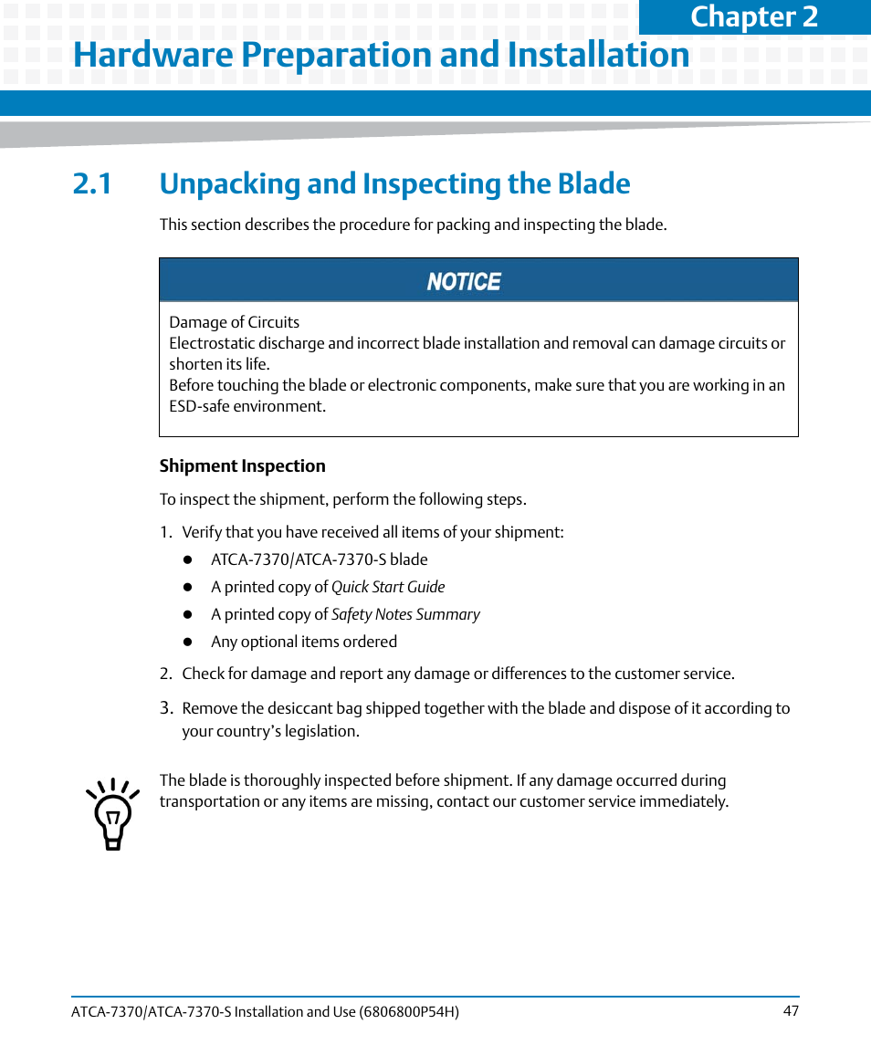 Hardware preparation and installation, 1 unpacking and inspecting the blade, Chapter | Chapter 2, hardware preparation and, Chapter 2 | Artesyn ATCA 7370 / ATCA 7370-S Installation and Use (January 2015) User Manual | Page 47 / 256
