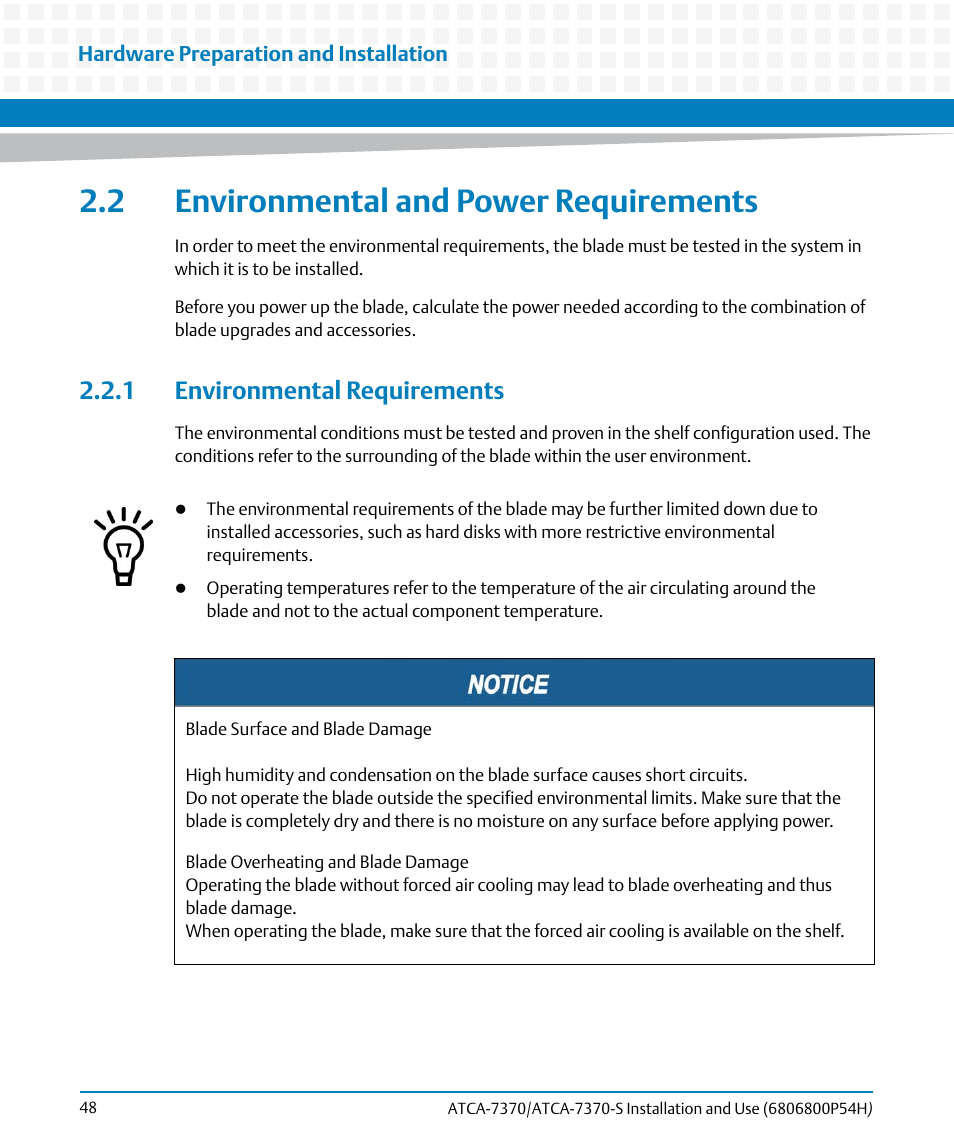 2 environmental and power requirements, 1 environmental requirements | Artesyn ATCA 7370 / ATCA 7370-S Installation and Use (January 2015) User Manual | Page 48 / 256