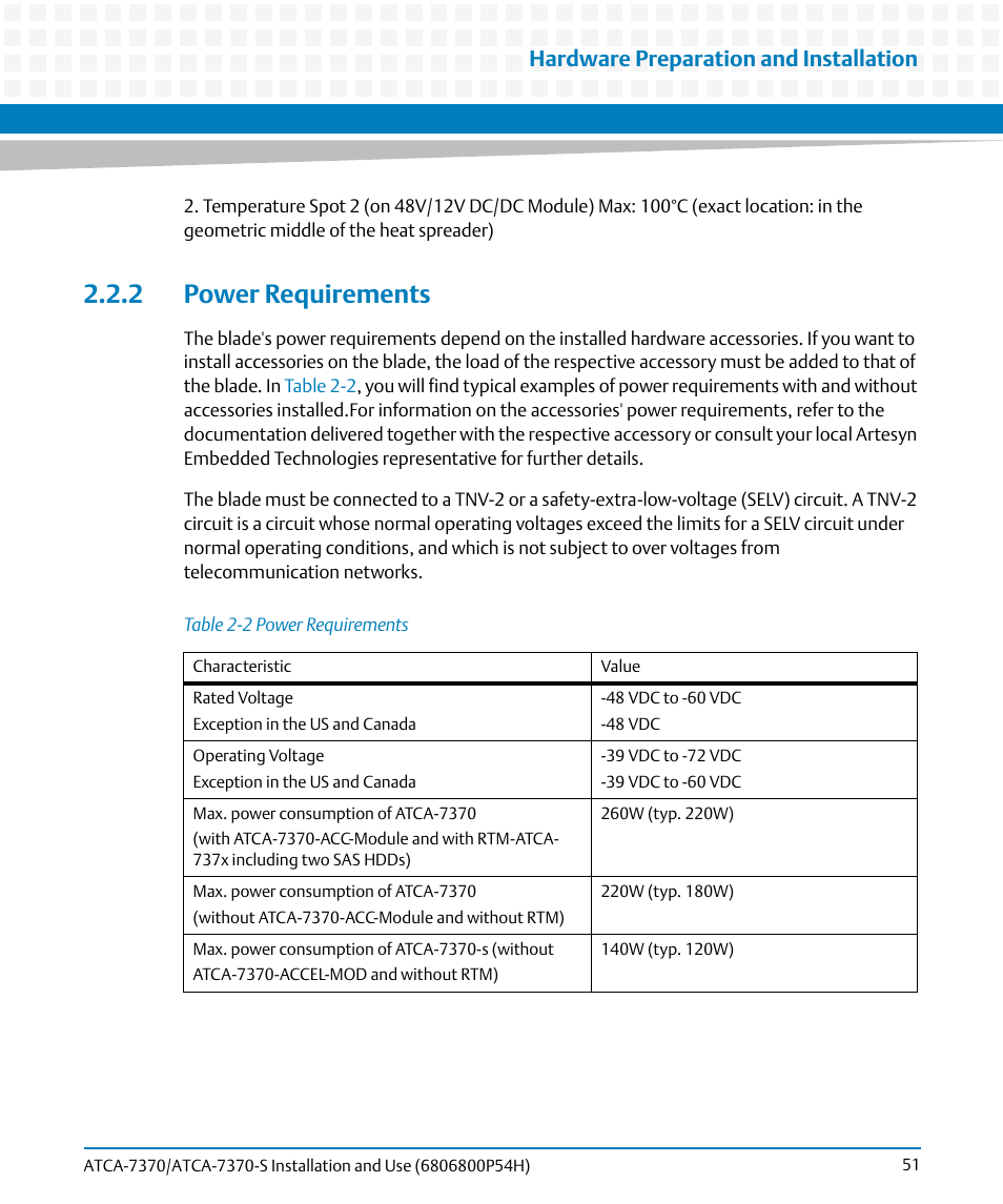 2 power requirements, Table 2-2, Power requirements | Hardware preparation and installation | Artesyn ATCA 7370 / ATCA 7370-S Installation and Use (January 2015) User Manual | Page 51 / 256