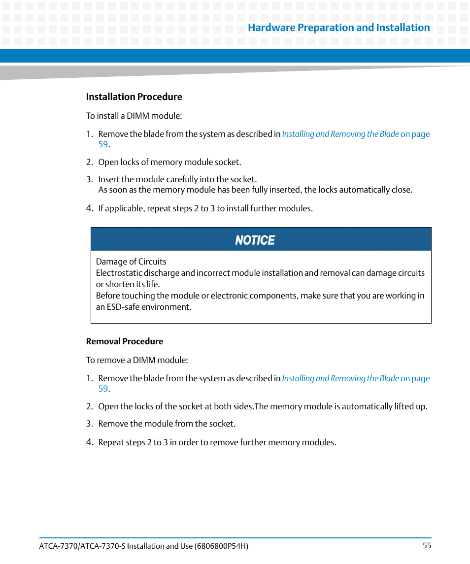 Hardware preparation and installation | Artesyn ATCA 7370 / ATCA 7370-S Installation and Use (January 2015) User Manual | Page 55 / 256