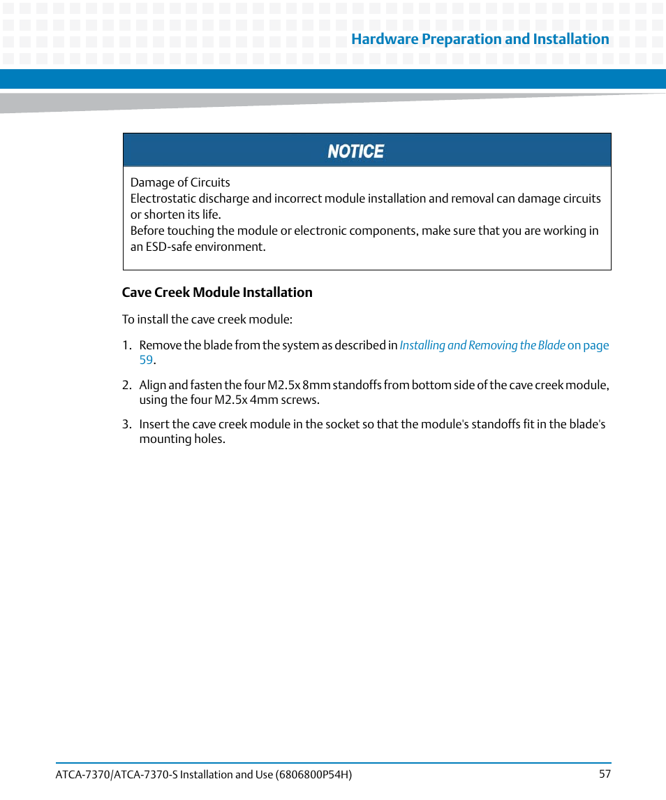 Hardware preparation and installation | Artesyn ATCA 7370 / ATCA 7370-S Installation and Use (January 2015) User Manual | Page 57 / 256