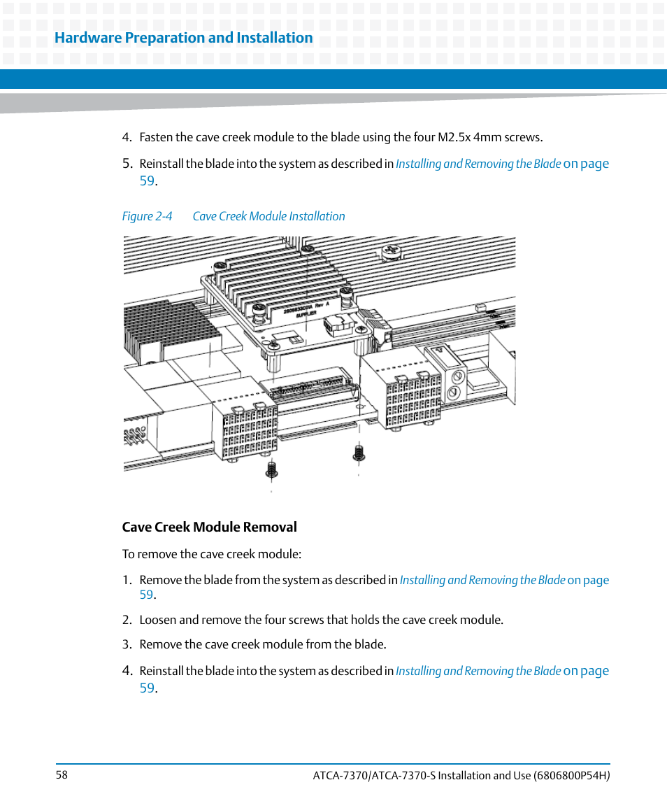 Figure 2-4, Cave creek module installation | Artesyn ATCA 7370 / ATCA 7370-S Installation and Use (January 2015) User Manual | Page 58 / 256