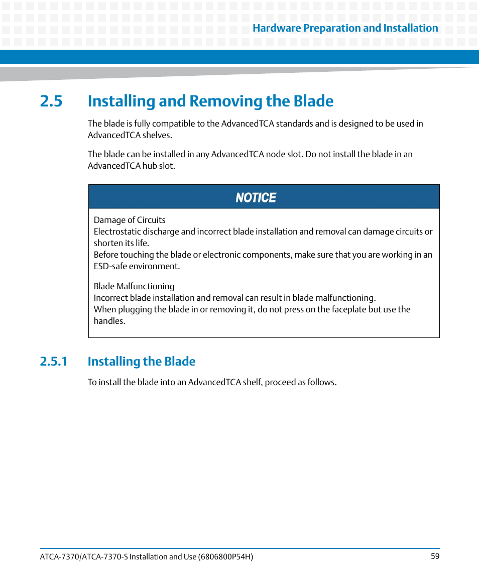 5 installing and removing the blade, 1 installing the blade, Ribed in | Installing and removing the blade | Artesyn ATCA 7370 / ATCA 7370-S Installation and Use (January 2015) User Manual | Page 59 / 256