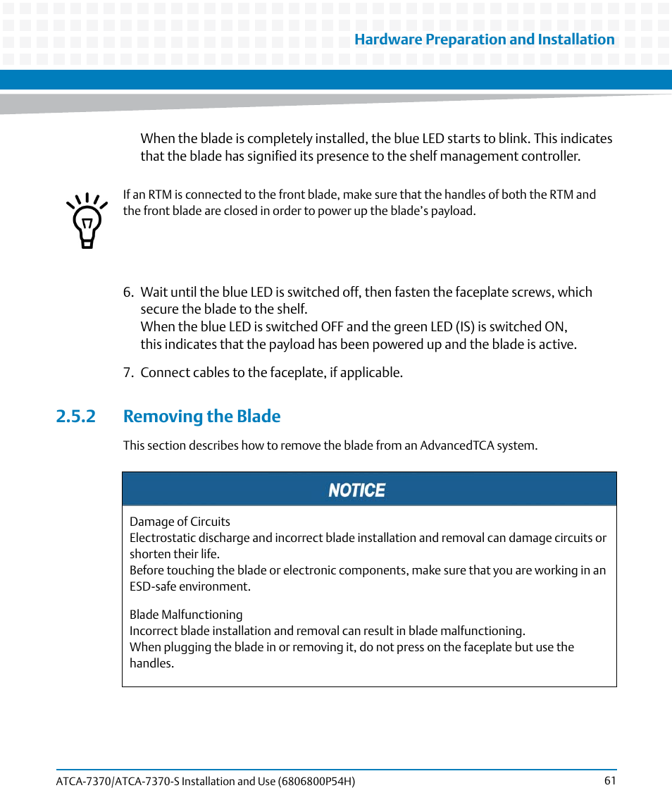 2 removing the blade | Artesyn ATCA 7370 / ATCA 7370-S Installation and Use (January 2015) User Manual | Page 61 / 256