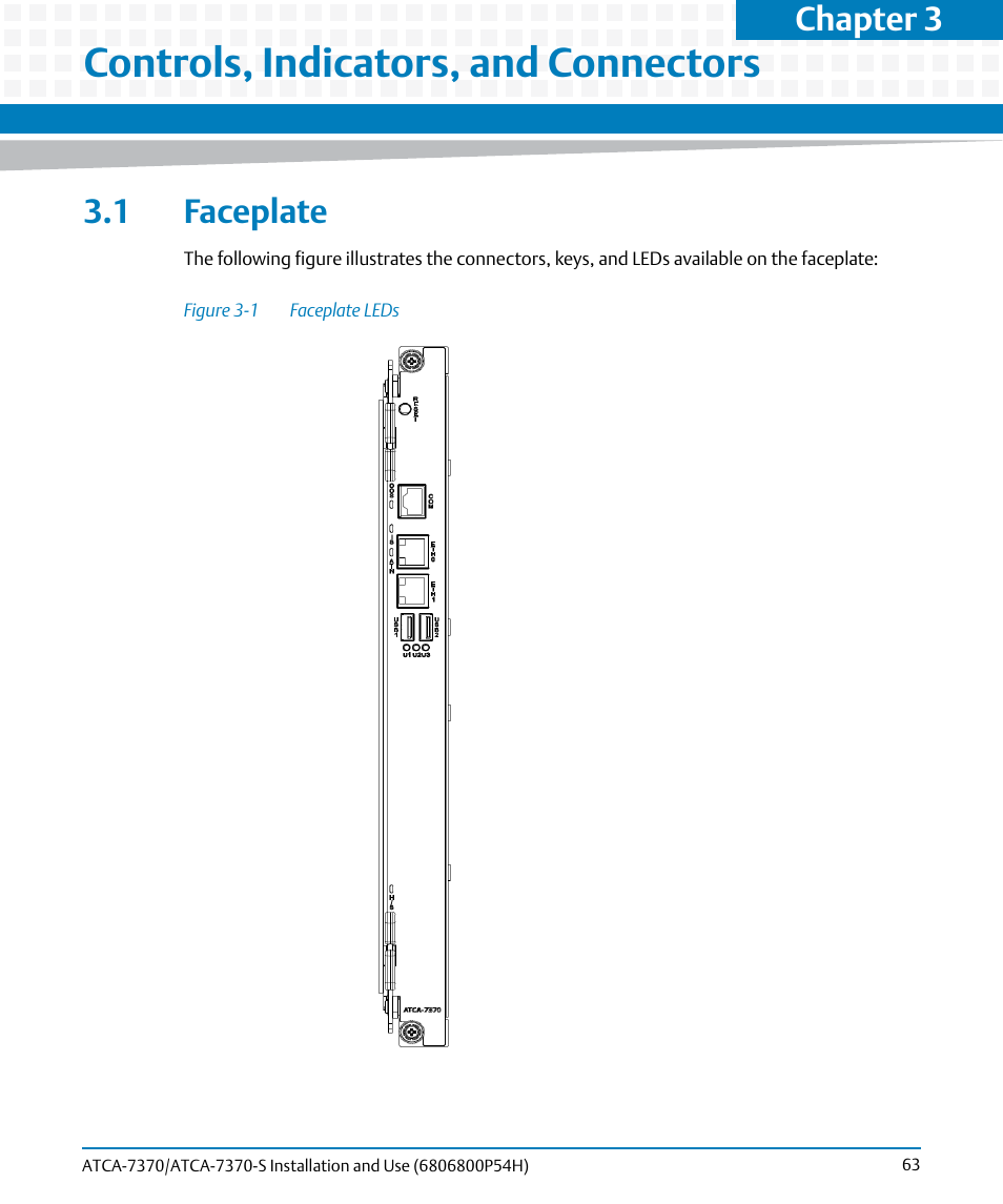 Controls, indicators, and connectors, 1 faceplate, Figure 3-1 | Faceplate leds, Chapter 3 | Artesyn ATCA 7370 / ATCA 7370-S Installation and Use (January 2015) User Manual | Page 63 / 256