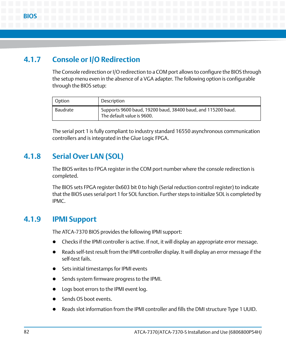 7 console or i/o redirection, 8 serial over lan (sol), 9 ipmi support | Artesyn ATCA 7370 / ATCA 7370-S Installation and Use (January 2015) User Manual | Page 82 / 256