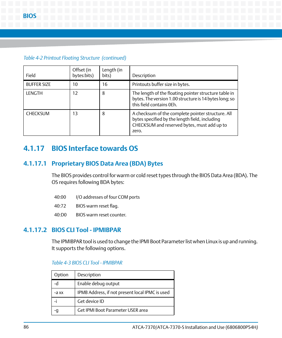 17 bios interface towards os, 1 proprietary bios data area (bda) bytes, 2 bios cli tool - ipmibpar | Table 4-3, Bios cli tool - ipmibpar, Bios | Artesyn ATCA 7370 / ATCA 7370-S Installation and Use (January 2015) User Manual | Page 86 / 256