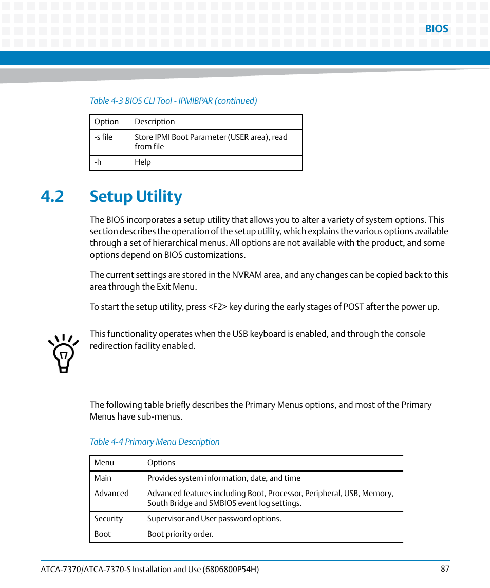 2 setup utility, Table 4-4, Primary menu description | Bios | Artesyn ATCA 7370 / ATCA 7370-S Installation and Use (January 2015) User Manual | Page 87 / 256