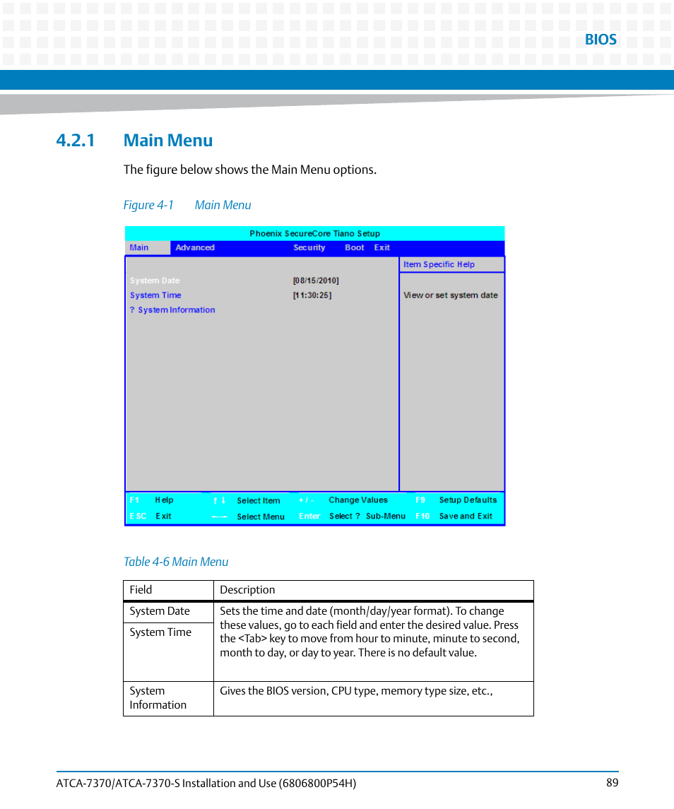 1 main menu, Table 4-6, Main menu | Figure 4-1, Bios | Artesyn ATCA 7370 / ATCA 7370-S Installation and Use (January 2015) User Manual | Page 89 / 256