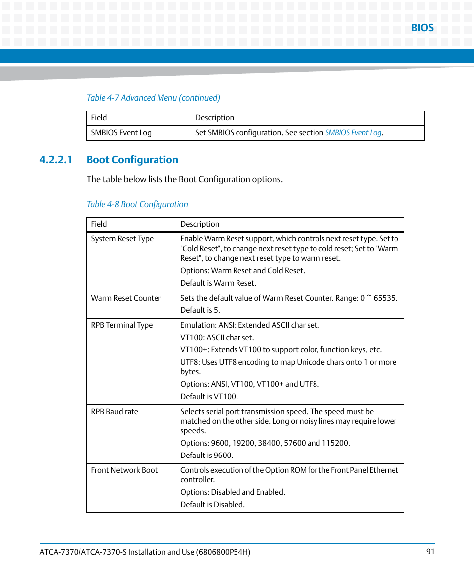 1 boot configuration, Table 4-8, Boot configuration | Bios | Artesyn ATCA 7370 / ATCA 7370-S Installation and Use (January 2015) User Manual | Page 91 / 256