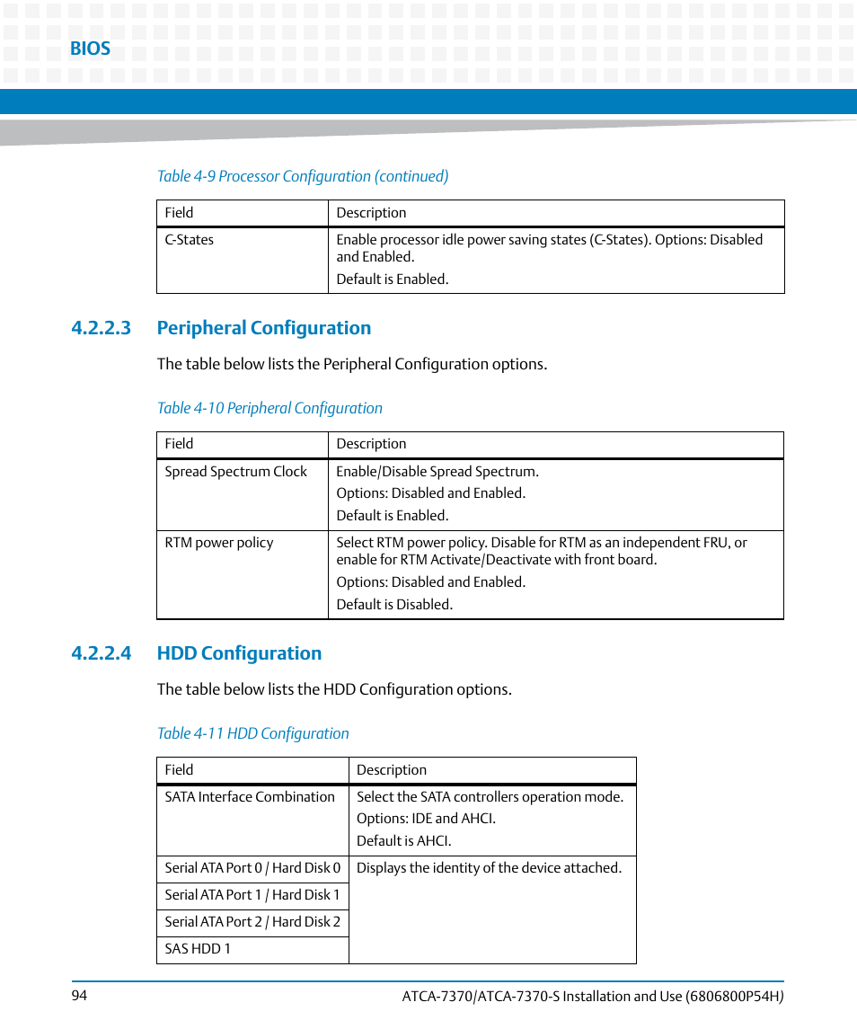 3 peripheral configuration, 4 hdd configuration, Table 4-10 | Peripheral configuration, Table 4-11, Hdd configuration, Peripheral, Configuration, Bios | Artesyn ATCA 7370 / ATCA 7370-S Installation and Use (January 2015) User Manual | Page 94 / 256