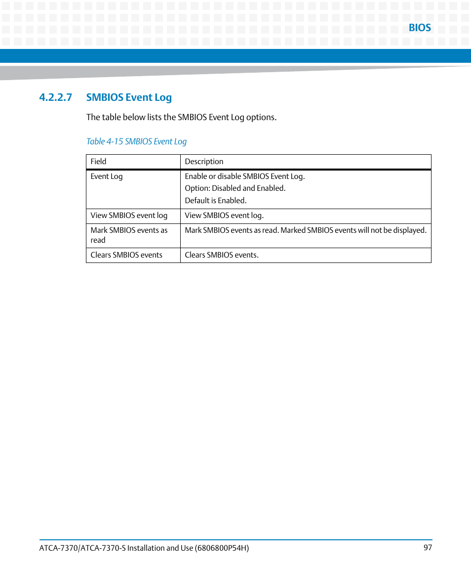 7 smbios event log, Table 4-15, Smbios event log | Bios | Artesyn ATCA 7370 / ATCA 7370-S Installation and Use (January 2015) User Manual | Page 97 / 256