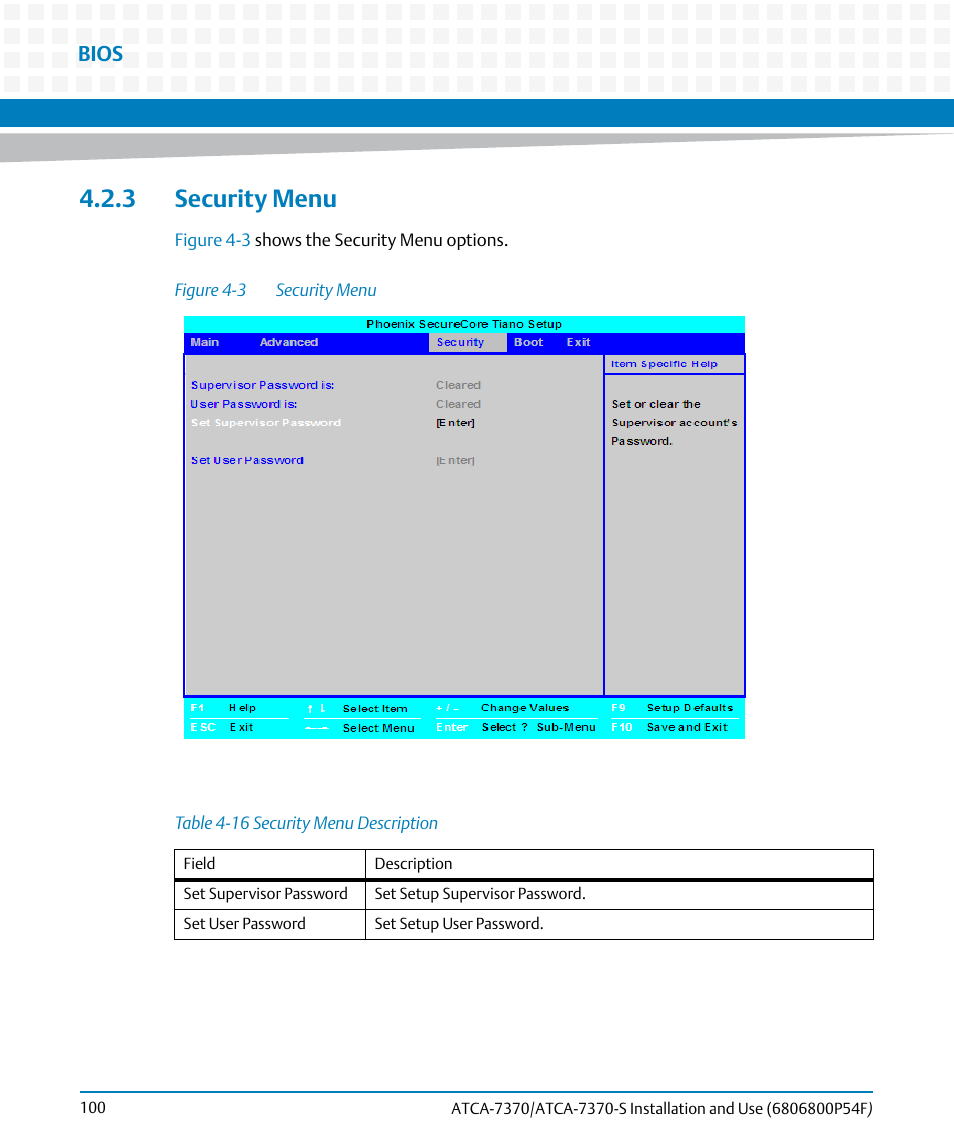 3 security menu, Table 4-16, Security menu description | Figure 4-3, Security menu, Bios | Artesyn ATCA 7370 / ATCA 7370-S Installation and Use (June 2014) User Manual | Page 100 / 254