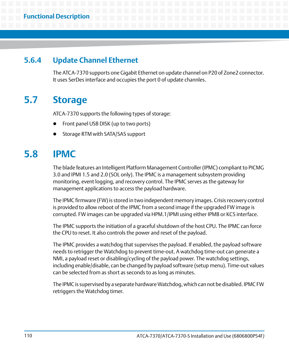 4 update channel ethernet, 7 storage, 8 ipmc | 7 storage 5.8 ipmc | Artesyn ATCA 7370 / ATCA 7370-S Installation and Use (June 2014) User Manual | Page 110 / 254