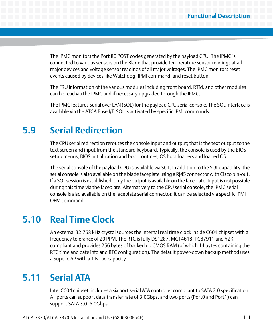 9 serial redirection, 10 real time clock, 11 serial ata | Artesyn ATCA 7370 / ATCA 7370-S Installation and Use (June 2014) User Manual | Page 111 / 254