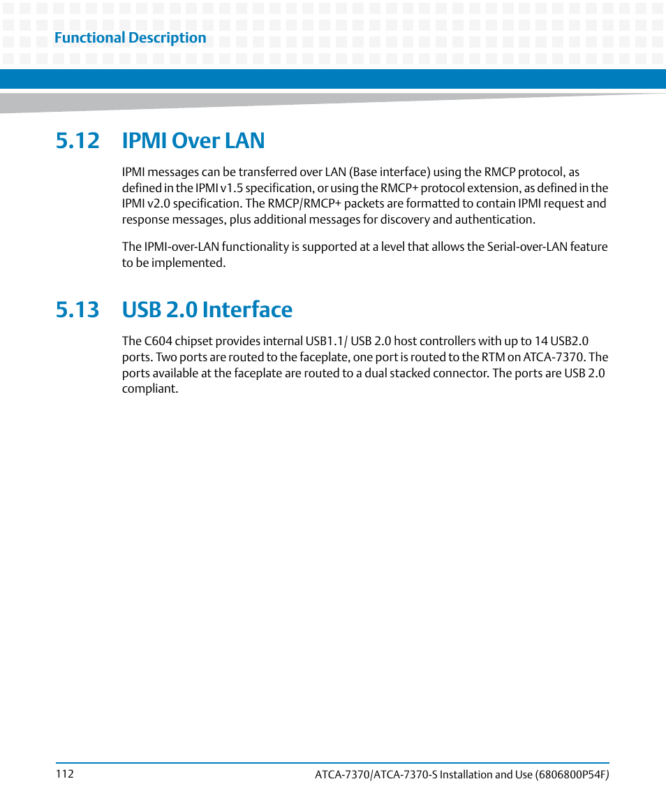 12 ipmi over lan, 13 usb 2.0 interface | Artesyn ATCA 7370 / ATCA 7370-S Installation and Use (June 2014) User Manual | Page 112 / 254