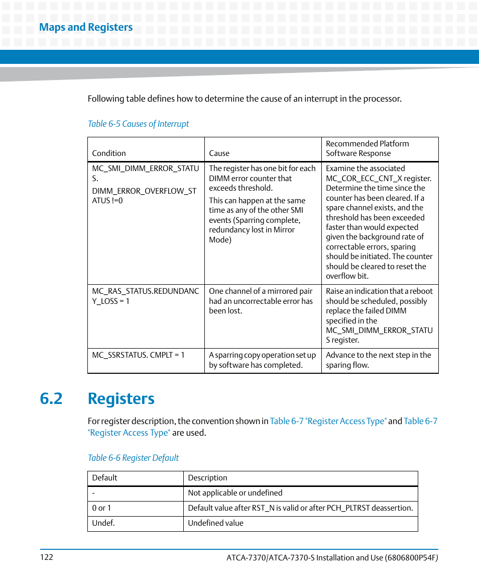 2 registers, Table 6-5, Causes of interrupt | Table 6-6, Register default, Maps and registers | Artesyn ATCA 7370 / ATCA 7370-S Installation and Use (June 2014) User Manual | Page 122 / 254