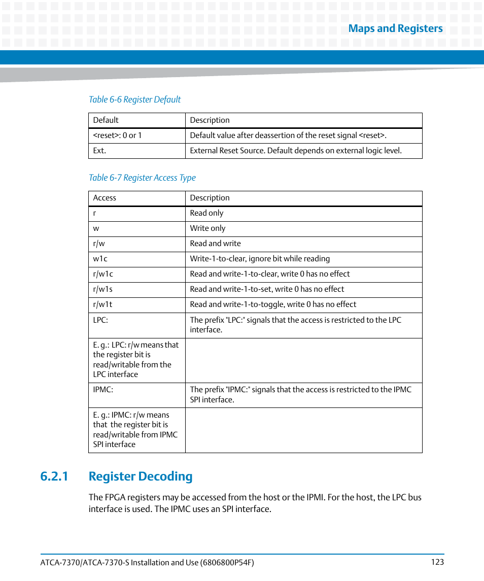 1 register decoding, Table 6-7, Register access type | Maps and registers | Artesyn ATCA 7370 / ATCA 7370-S Installation and Use (June 2014) User Manual | Page 123 / 254