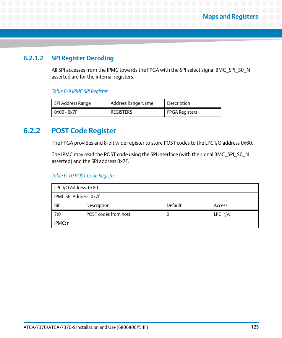 2 spi register decoding, 2 post code register, Table 6-9 | Ipmc spi register, Table 6-10, Post code register, Maps and registers | Artesyn ATCA 7370 / ATCA 7370-S Installation and Use (June 2014) User Manual | Page 125 / 254