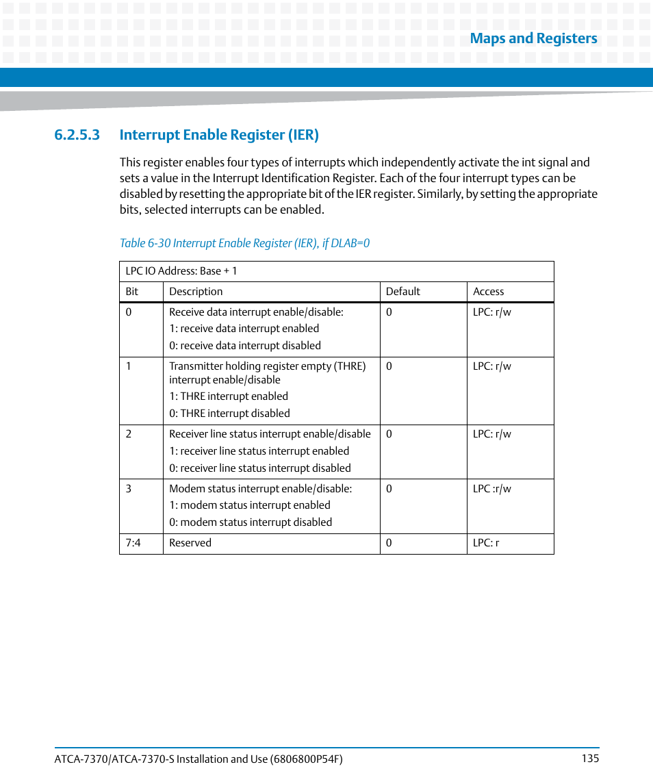 3 interrupt enable register (ier), Table 6-30, Interrupt enable register (ier), if dlab=0 | Maps and registers | Artesyn ATCA 7370 / ATCA 7370-S Installation and Use (June 2014) User Manual | Page 135 / 254