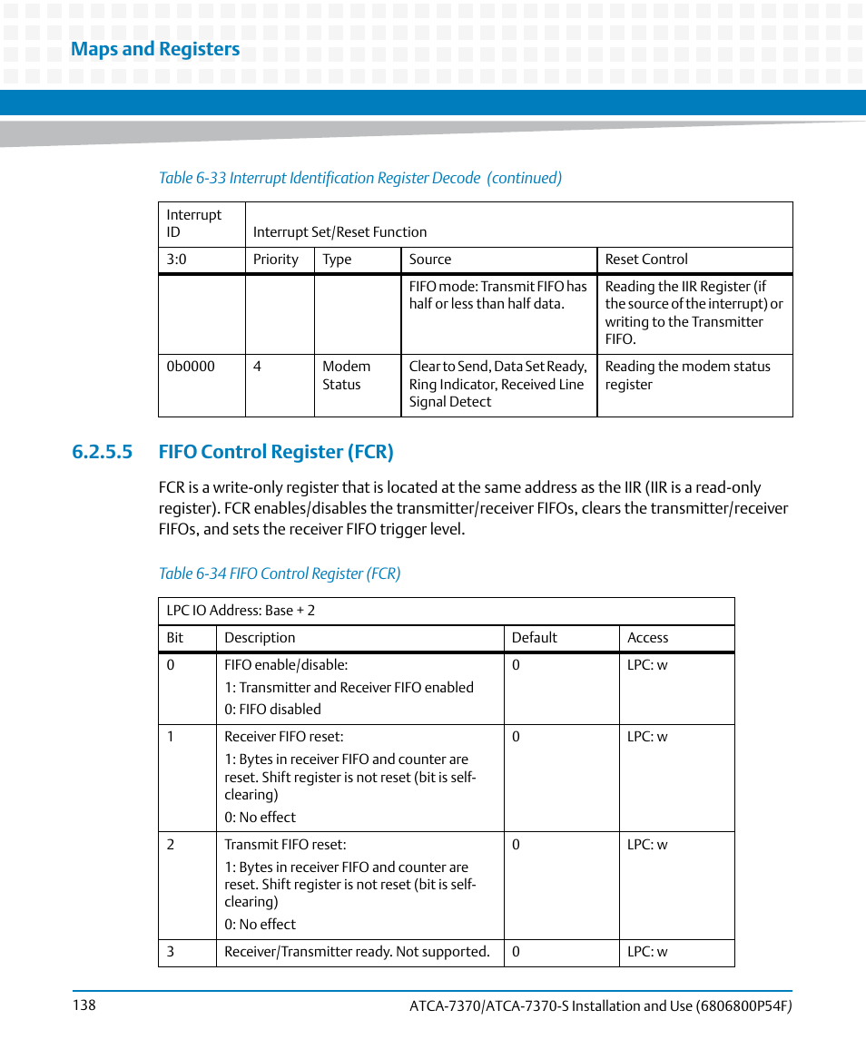 5 fifo control register (fcr), Table 6-34, Fifo control register (fcr) | Maps and registers | Artesyn ATCA 7370 / ATCA 7370-S Installation and Use (June 2014) User Manual | Page 138 / 254