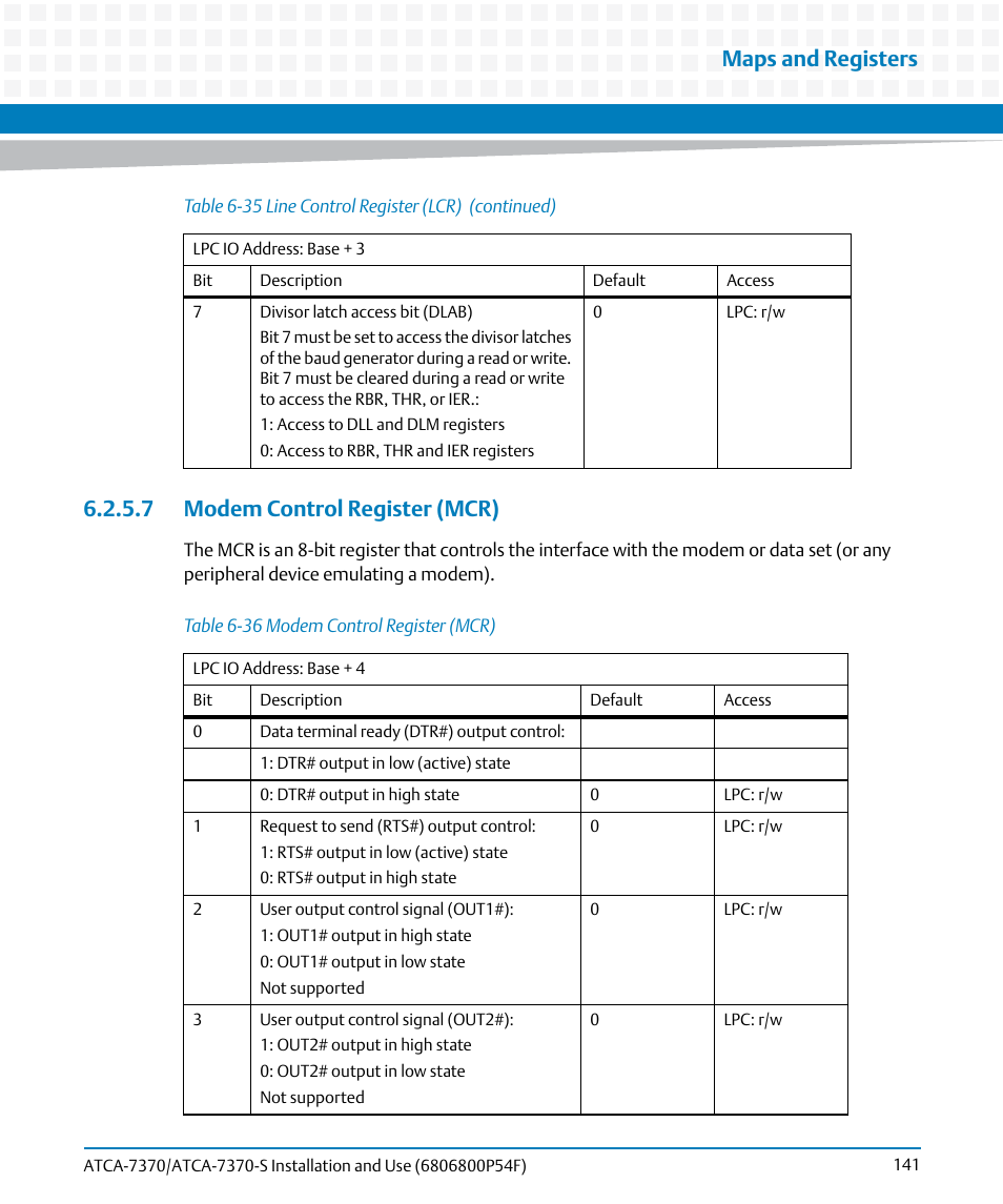 7 modem control register (mcr), Table 6-36, Modem control register (mcr) | Maps and registers | Artesyn ATCA 7370 / ATCA 7370-S Installation and Use (June 2014) User Manual | Page 141 / 254