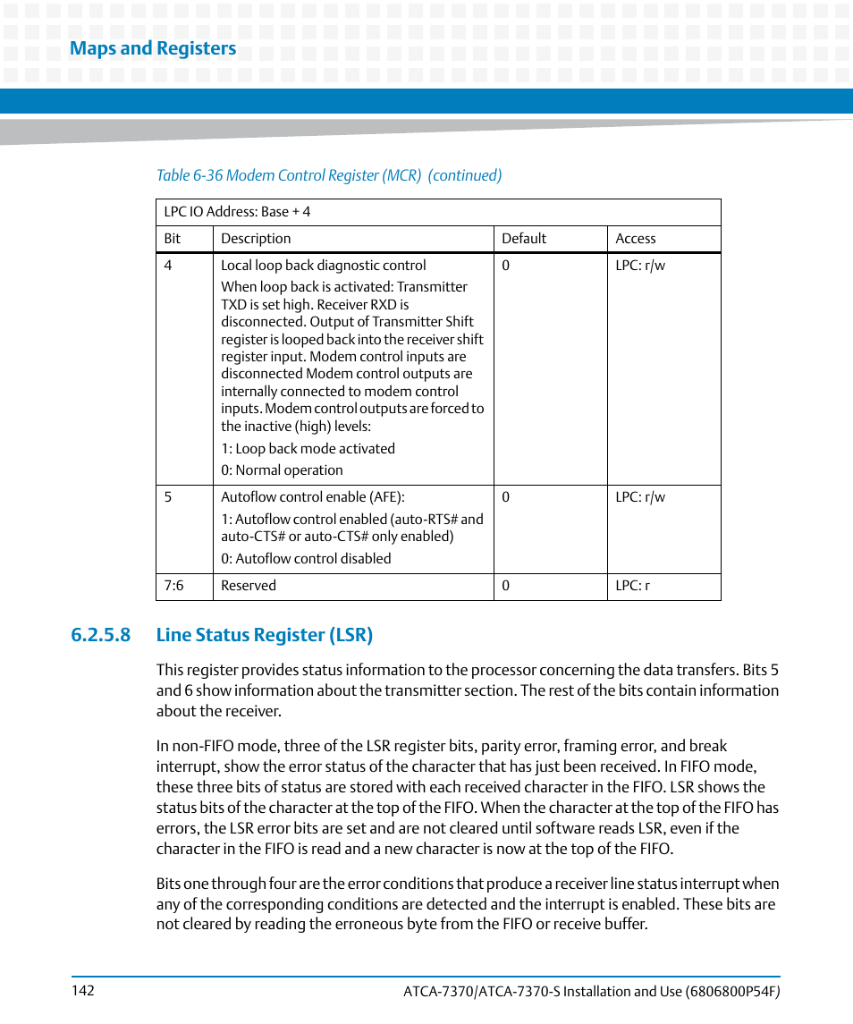 8 line status register (lsr), Maps and registers | Artesyn ATCA 7370 / ATCA 7370-S Installation and Use (June 2014) User Manual | Page 142 / 254